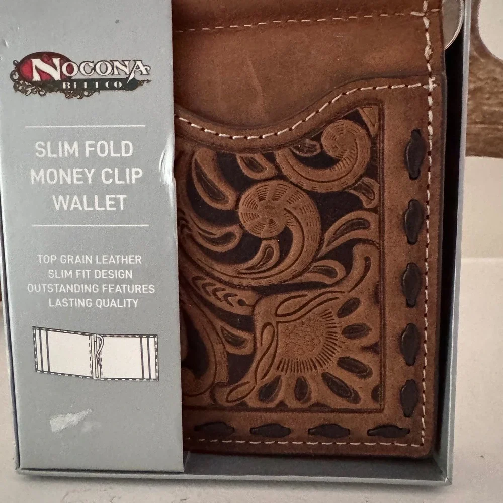 Nocona Mens Slim Fold Money Clip Wallet Brown Tooled Leather Western N5415602